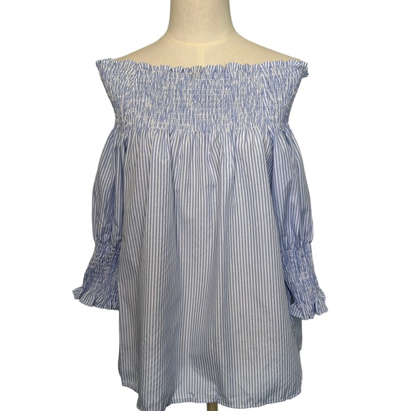 Lian‎ Lian Yi She blue white striped off shoulder top womens large NWT. - Picture 1 of 6